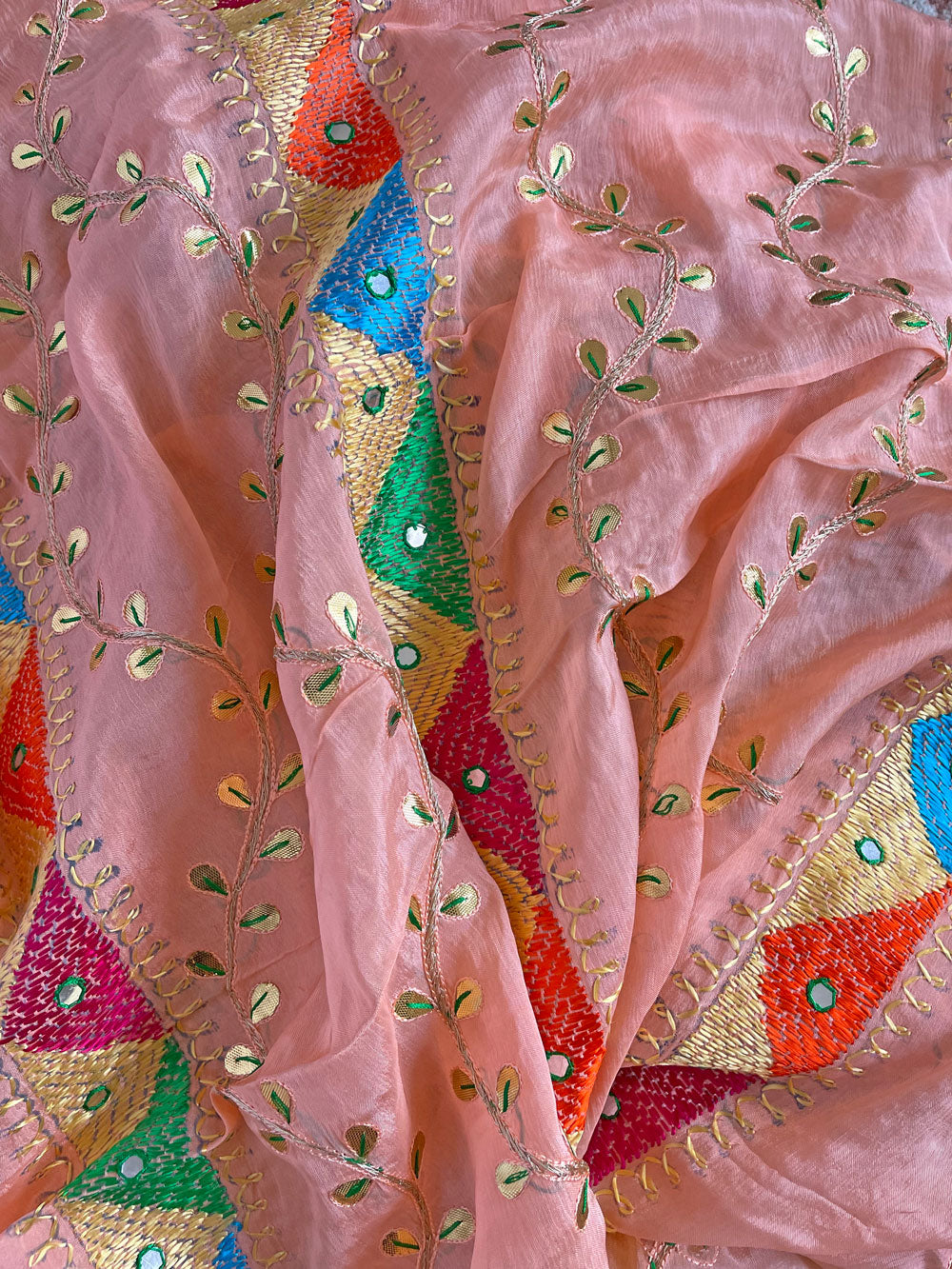 Buy Pink Chinon Silk Gotta Patti Hand Embroidered Phulkari Dupatta Online PinkPhulkari California