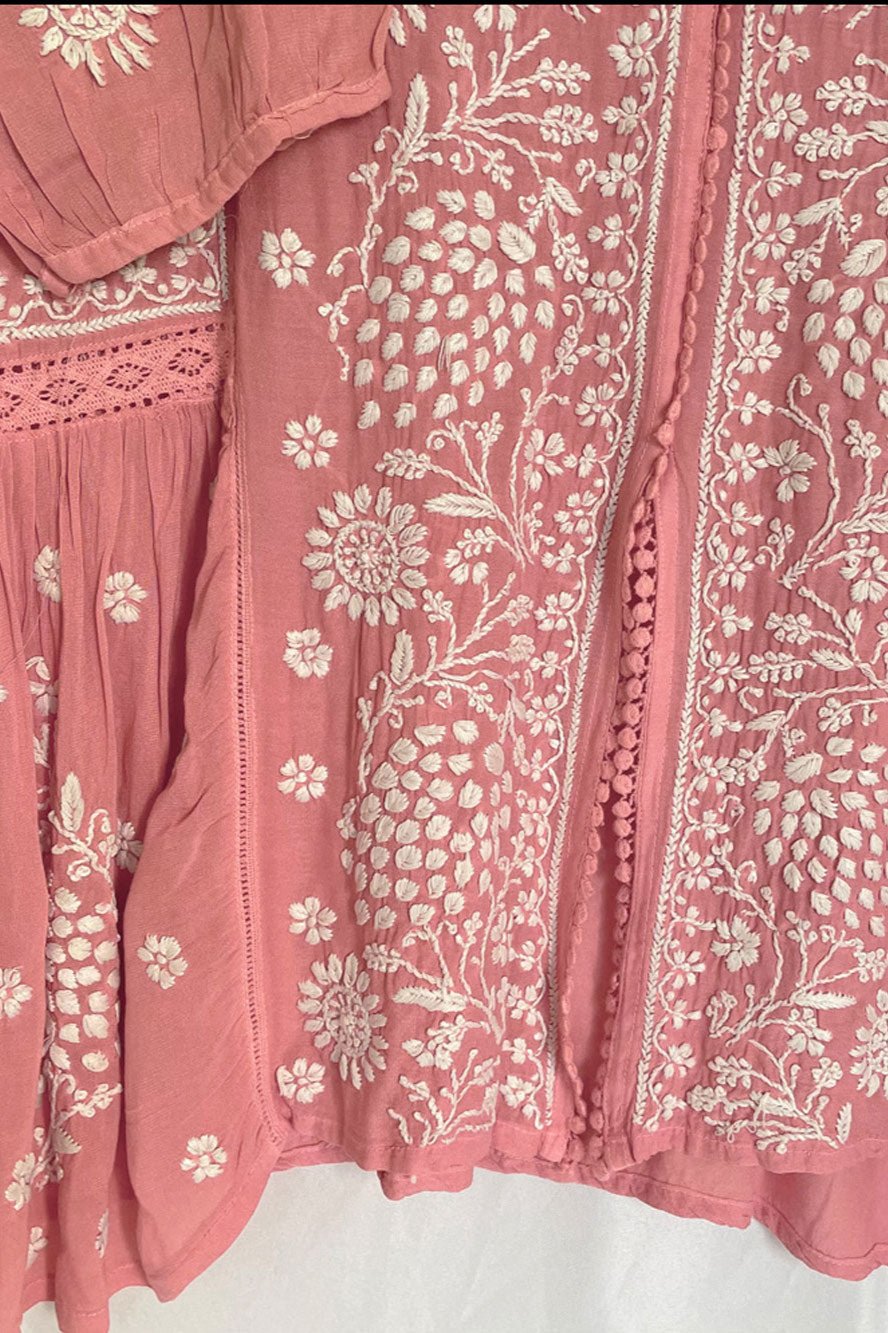 Buy Coral Muslin Silk Embroidered Lucknowi Kurti Online