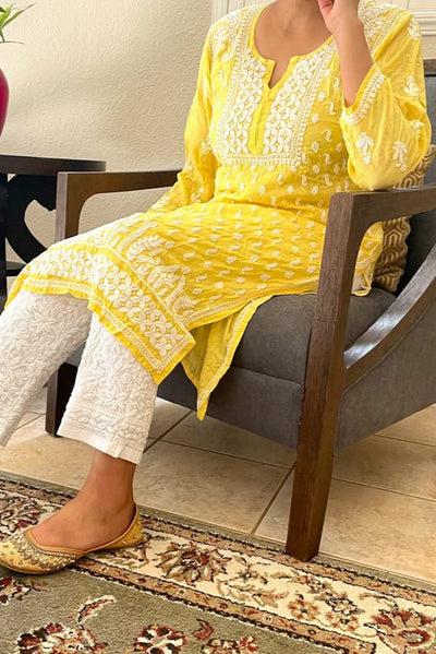 Women's Yellow Muslin Silk Chikankari Kurta Hand Embroidered at PinkPhulkari CaliforniaWomen's Yellow Muslin Silk Chikankari Kurta Hand Embroidered at PinkPhulkari California